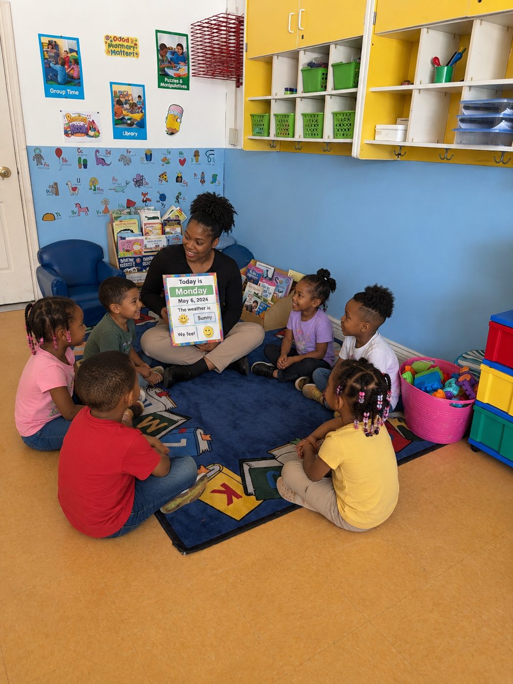 Teacher leading circle time with the calendar and weather board