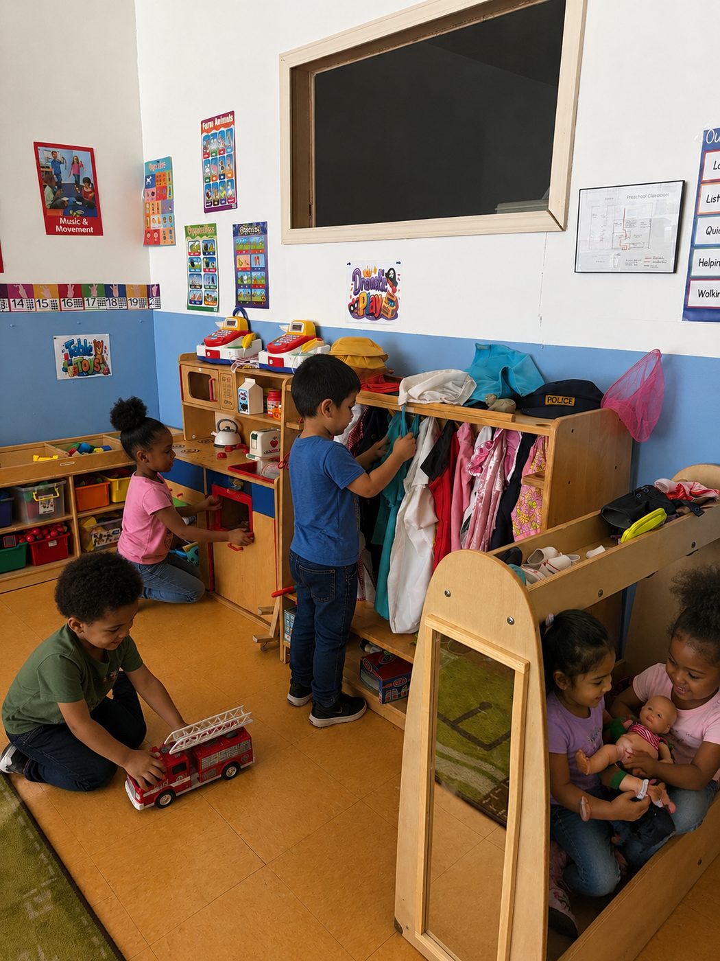 Children playing dress-up in the dramatic play area