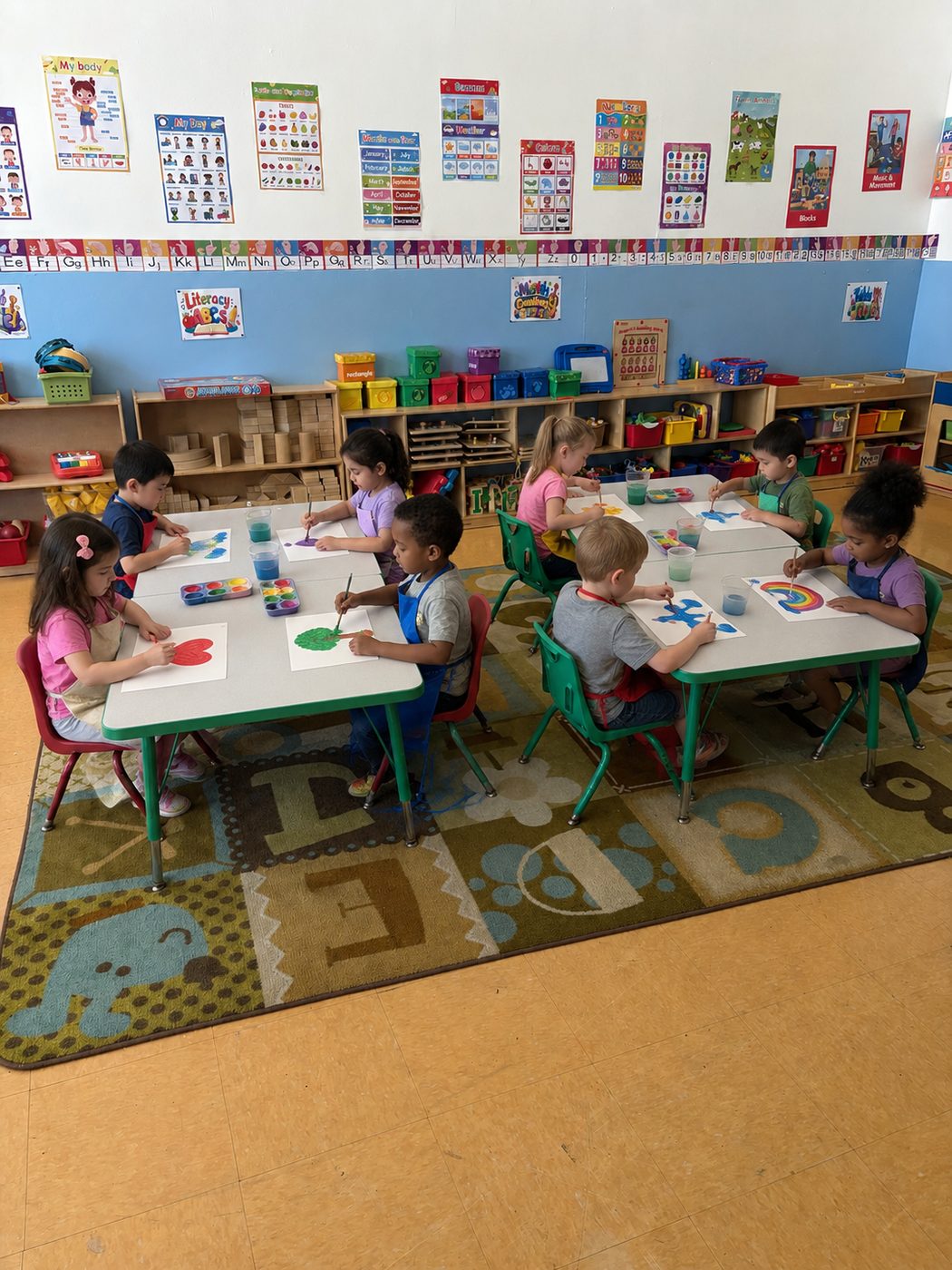 Children painting at a classroom table