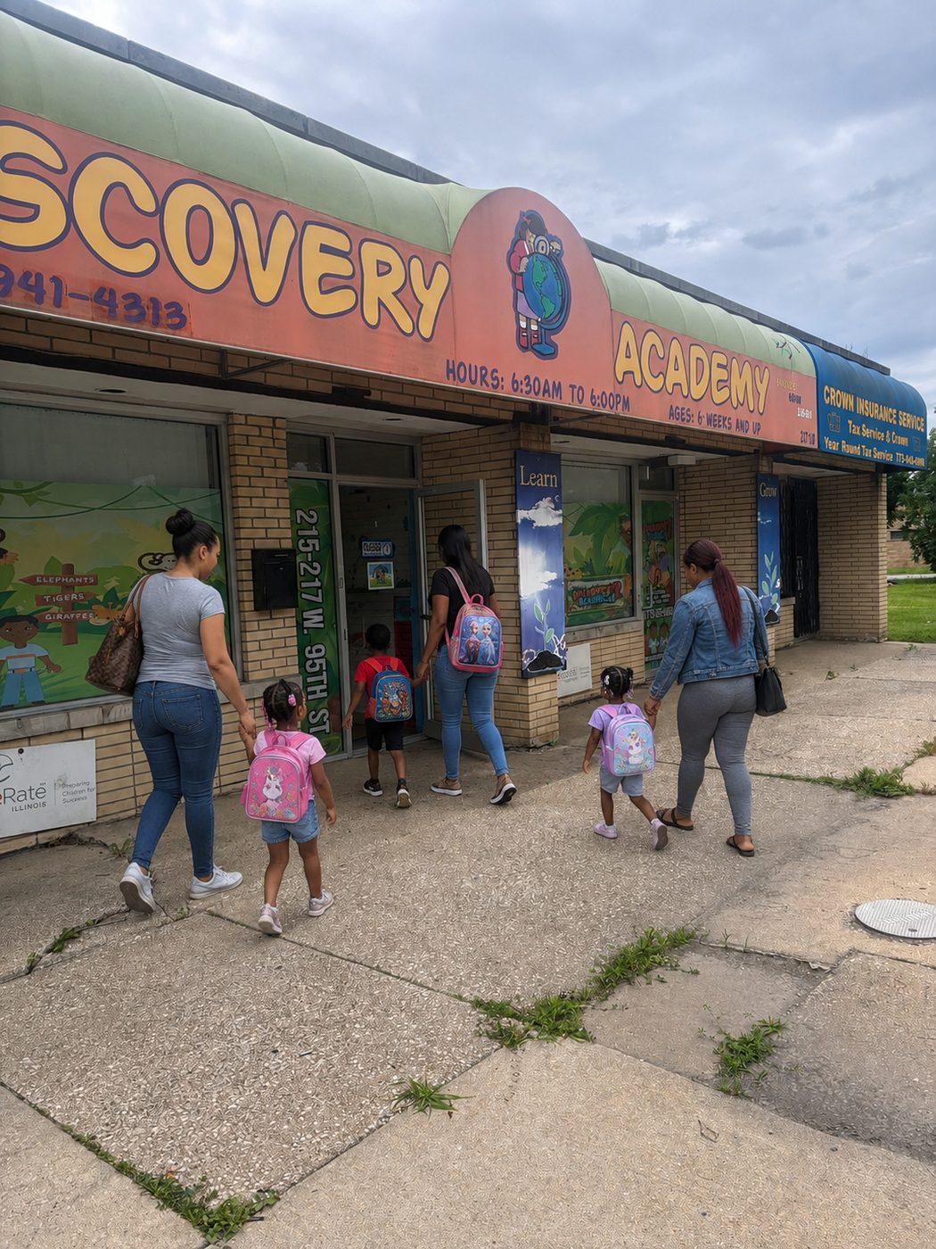Families arriving at Discovery Academy 2 in the morning
